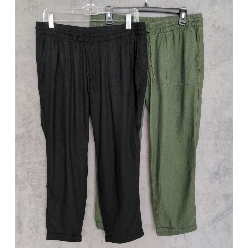 Lot of 2 Old Navy Linen Blend Pants Size M Black & Green Mid Rise Drawstring